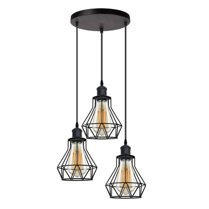 3-Light Wire Cage Pendant Cluster – Round Plate or Bar, E27 - Black, Gem Cage Black, Round Plate, Without Bulb
