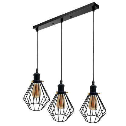 3-Light Wire Cage Pendant Cluster – Round Plate or Bar, E27 - Black, Diamond Cage Black, Bar, Without Bulb