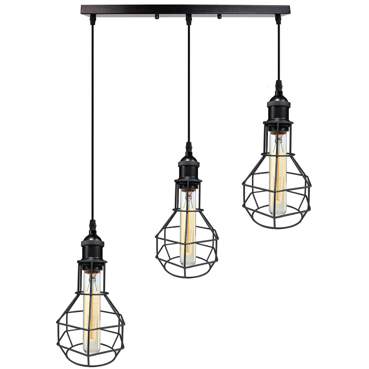 3-Light Wire Cage Pendant Cluster – Round Plate or Bar, E27 - Black, Nest Cage Black, Bar, Without Bulb