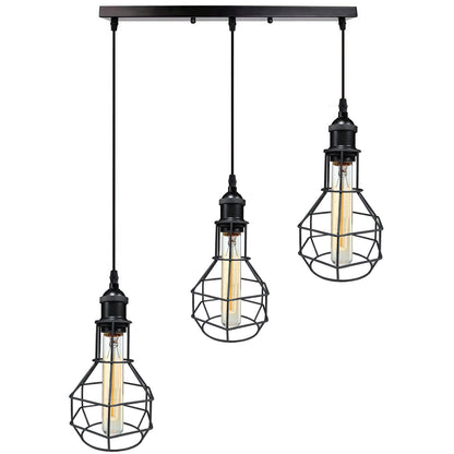 3-Light Wire Cage Pendant Cluster – Round Plate or Bar, E27 - Black, Nest Cage Black, Bar, Without Bulb