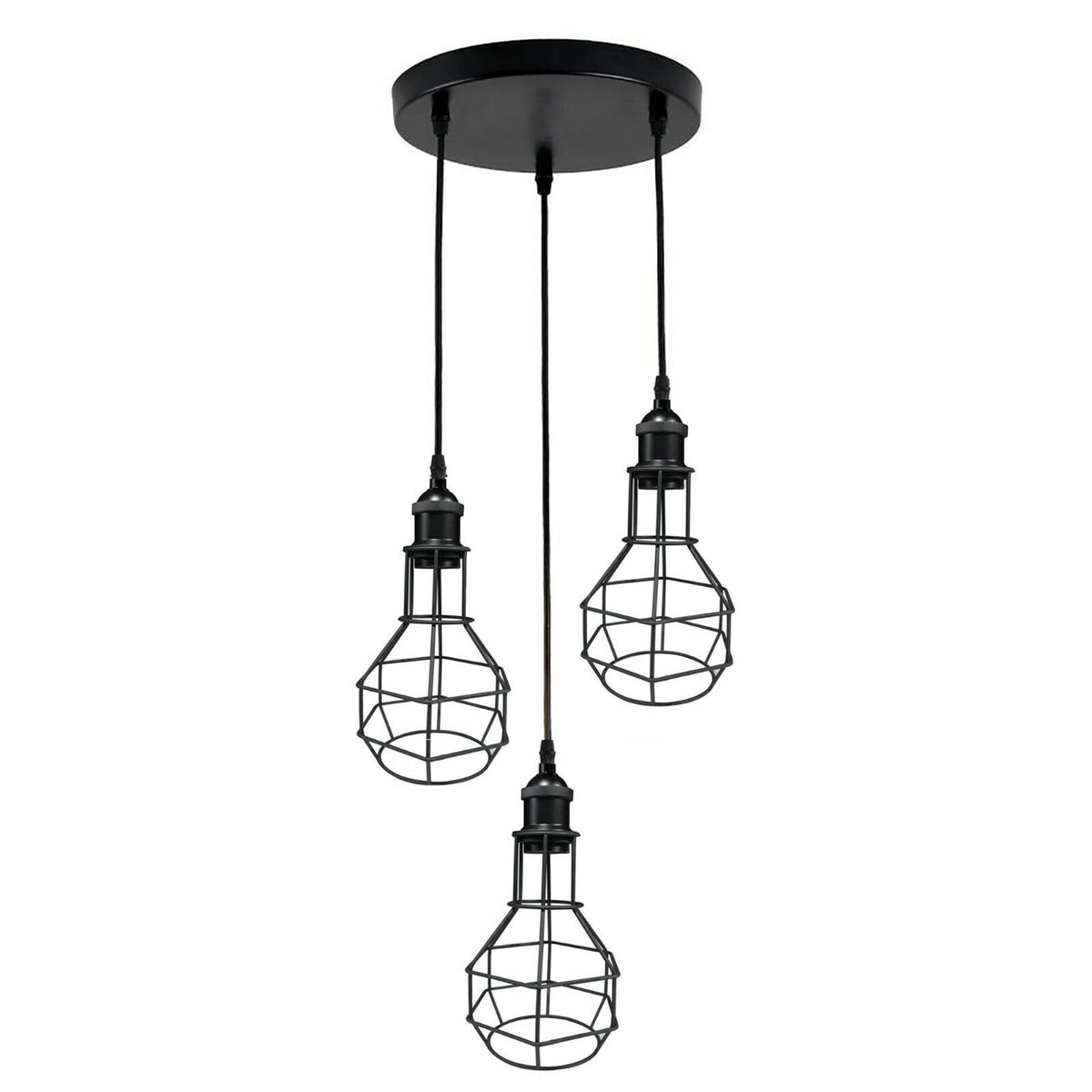 3-Light Wire Cage Pendant Cluster – Round Plate or Bar, E27 - Black, Nest Cage Black, Round Plate, Without Bulb