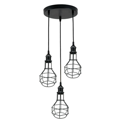 3-Light Wire Cage Pendant Cluster – Round Plate or Bar, E27 - Black, Nest Cage Black, Round Plate, Without Bulb