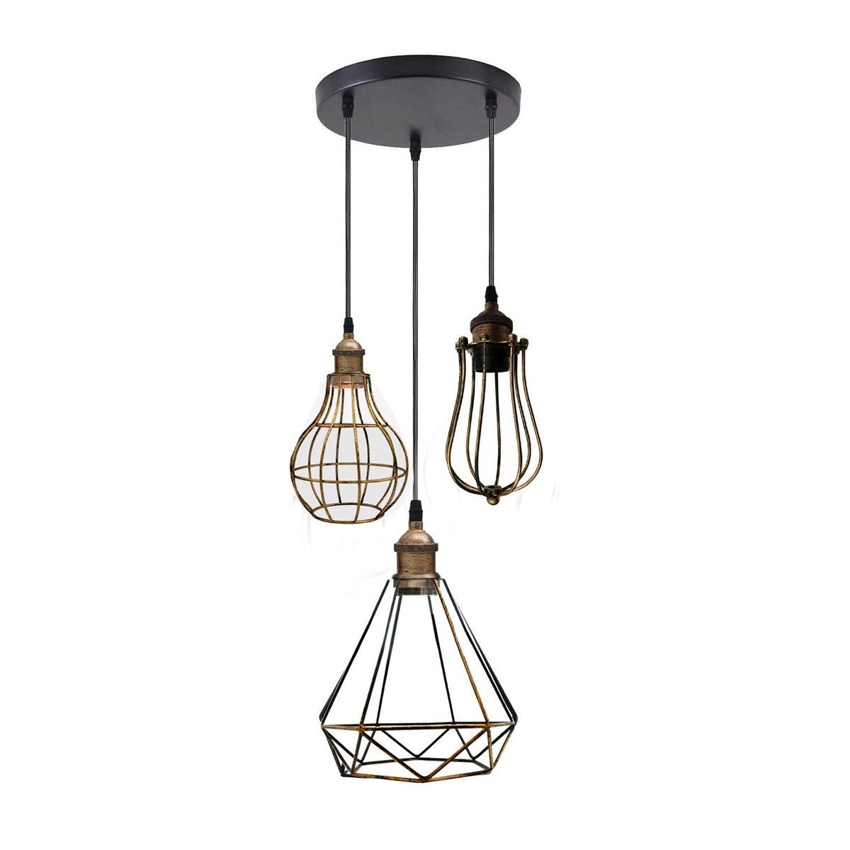 3-Light Wire Cage Pendant Cluster – Round Plate or Bar, E27 - Brushed Copper, Mixed Cages, Round Plate, Without Bulb