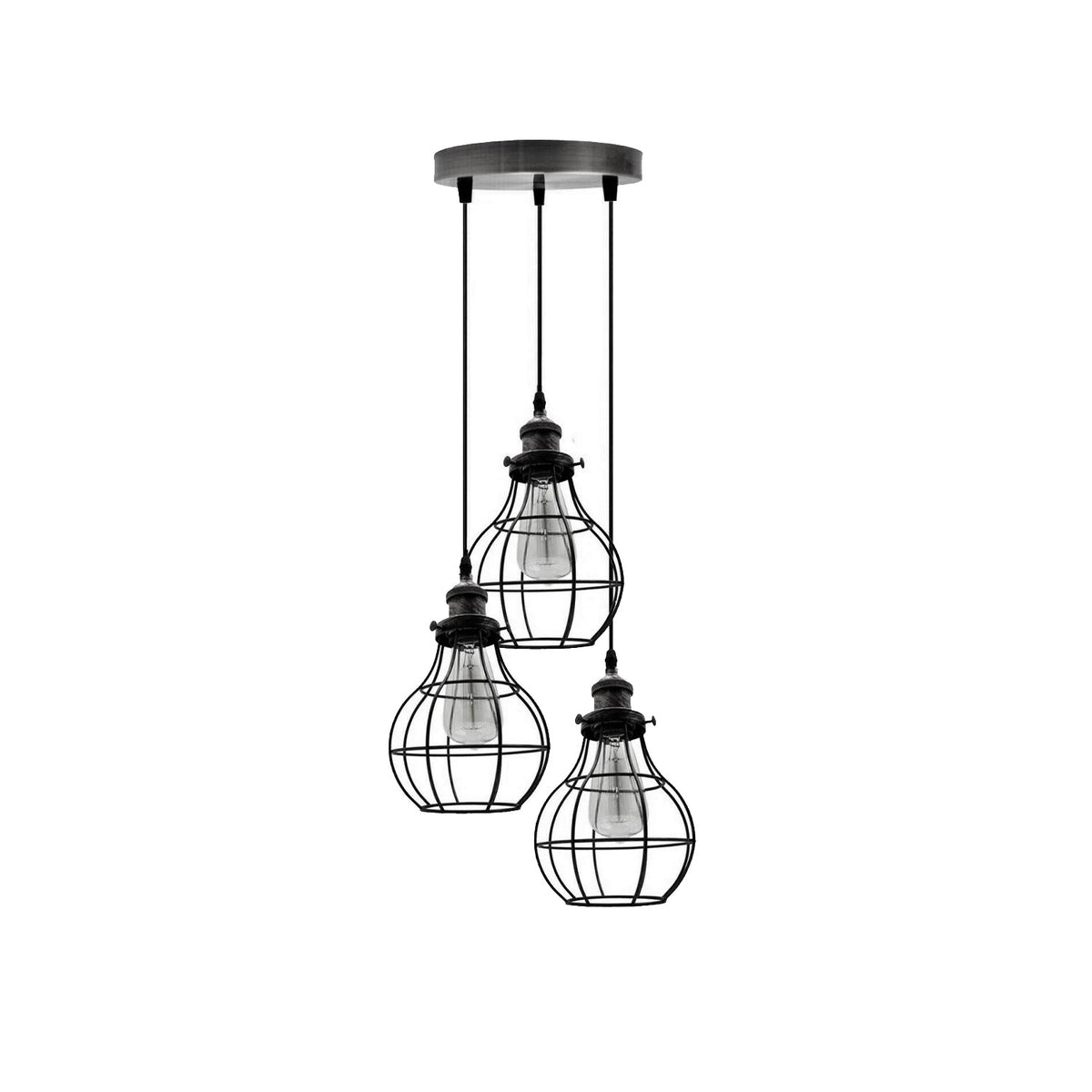 3-Light Wire Cage Pendant Cluster – Round Plate or Bar, E27 - Brushed Silver, Balloon Cage Brushed Silver, Round Plate, Without Bulb
