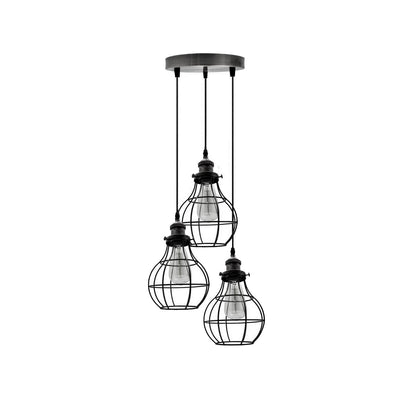 3-Light Wire Cage Pendant Cluster – Round Plate or Bar, E27 - Brushed Silver, Balloon Cage Brushed Silver, Round Plate, Without Bulb