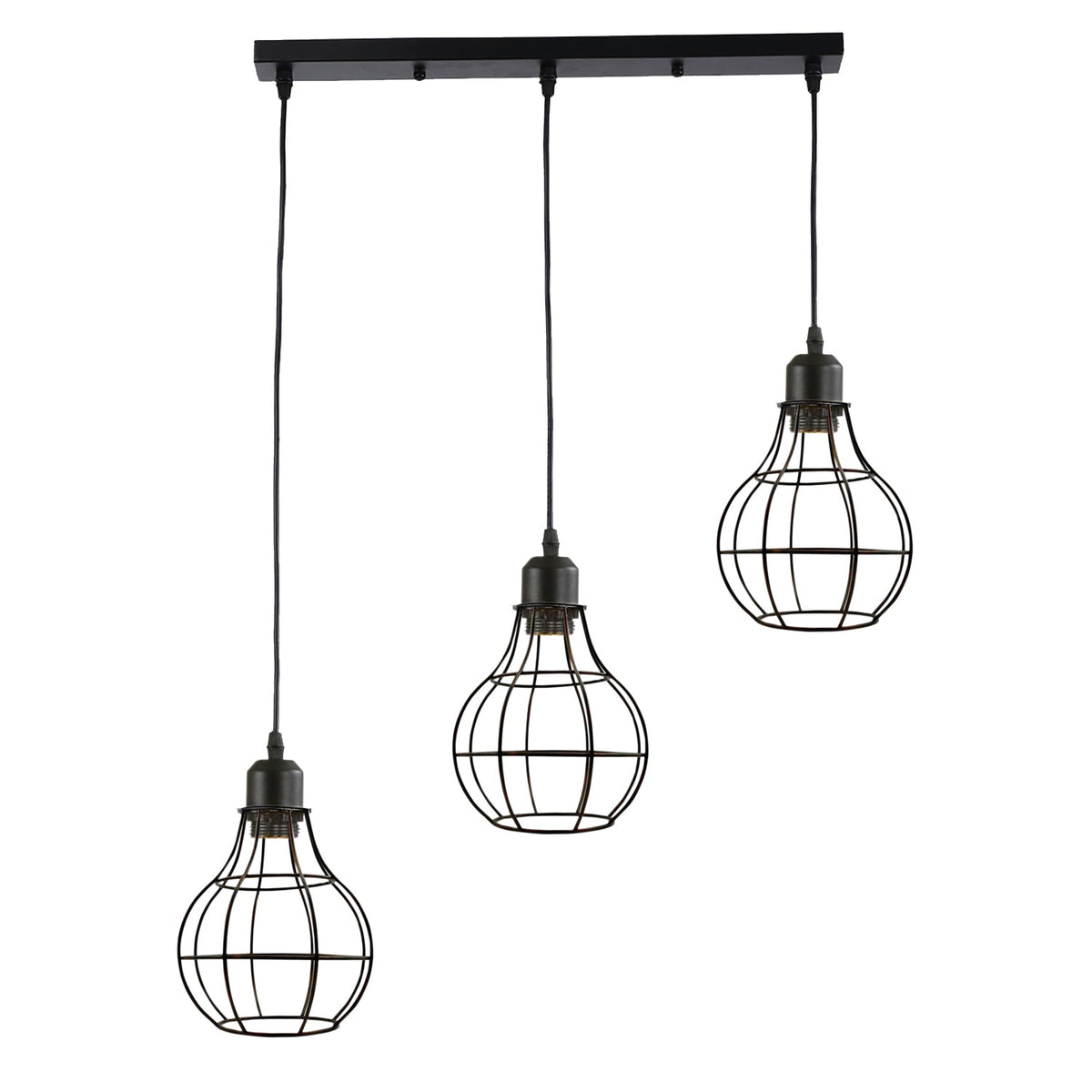 3-Light Wire Cage Pendant Cluster – Round Plate or Bar, E27 - Brushed Silver, Balloon Cage Brushed Silver, Bar, Without Bulb