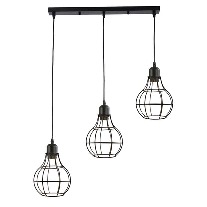 3-Light Wire Cage Pendant Cluster – Round Plate or Bar, E27 - Brushed Silver, Balloon Cage Brushed Silver, Bar, Without Bulb