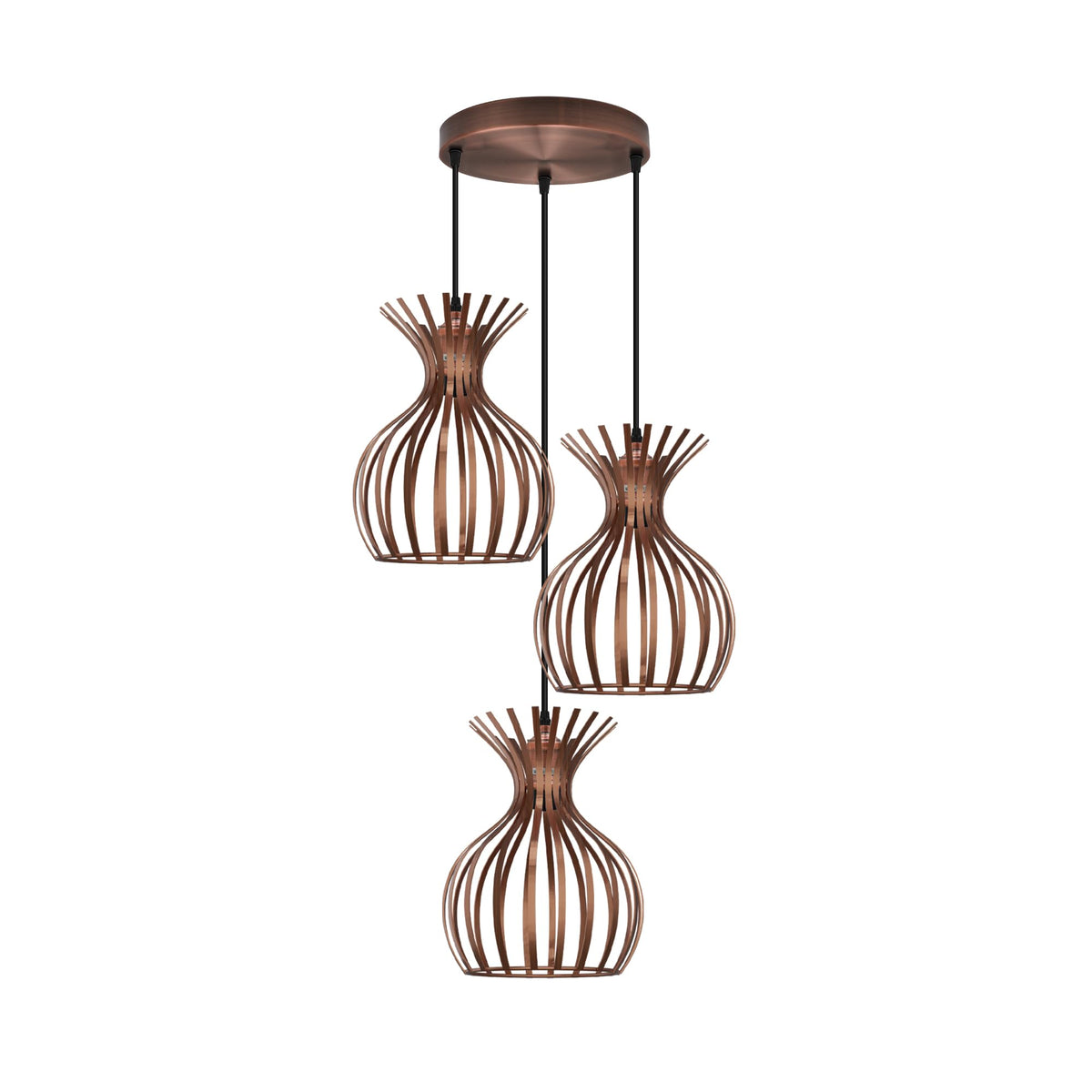 3-Light Wire Cage Pendant Cluster – Round Plate or Bar, E27 - Copper, Bud Cage Copper, Round Plate, Without Bulb
