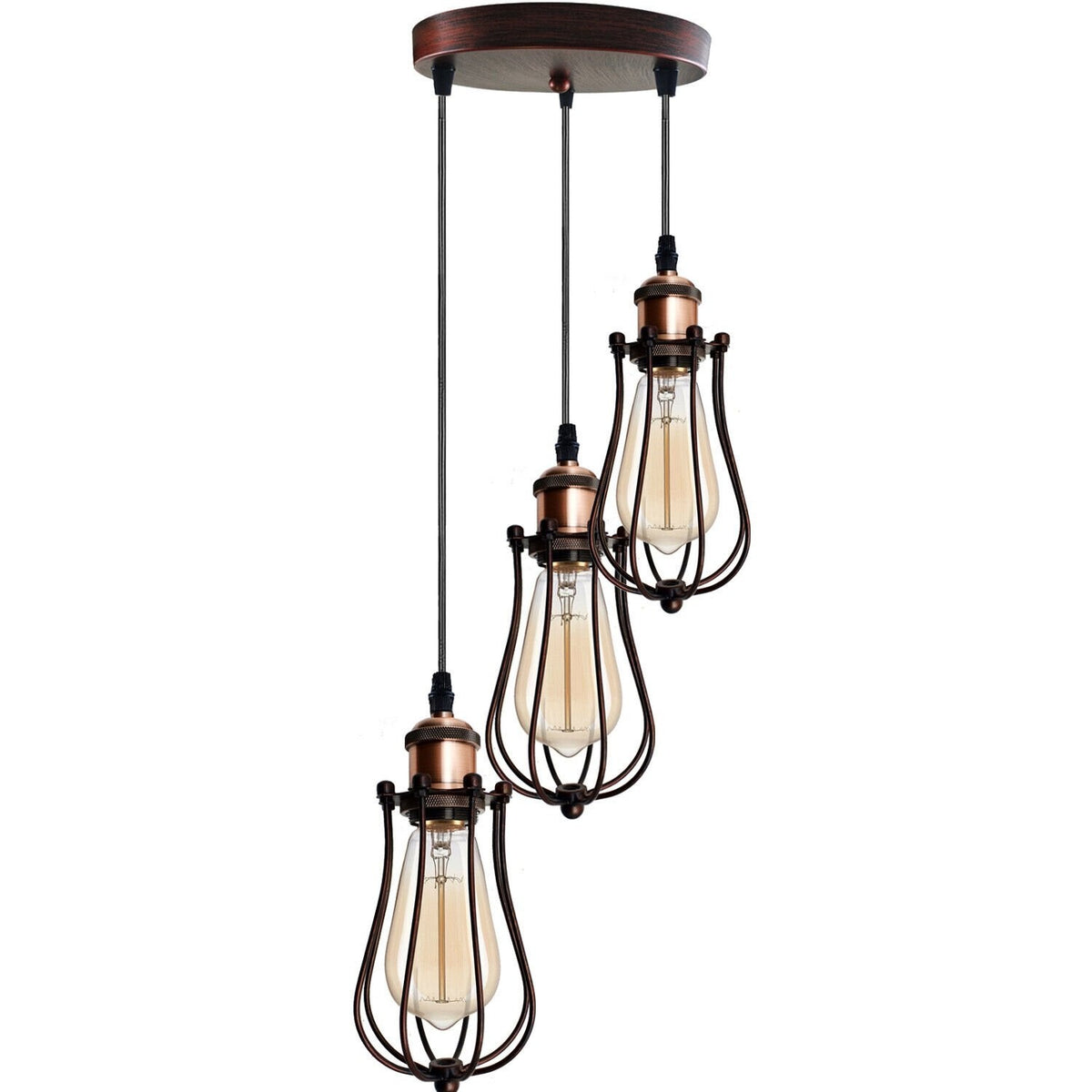 3-Light Wire Cage Pendant Cluster – Round Plate or Bar, E27 - Copper, Round Cage Rustic Red, Round Plate, T130 LED Bulb 4W