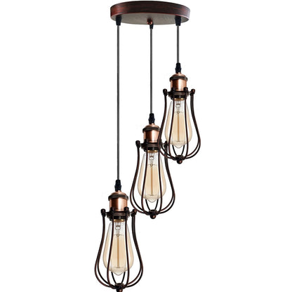 3-Light Wire Cage Pendant Cluster – Round Plate or Bar, E27 - Copper, Round Cage Rustic Red, Round Plate, T130 LED Bulb 4W
