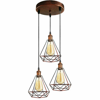 3-Light Wire Cage Pendant Cluster – Round Plate or Bar, E27 - Copper, Diamond Wire Cage Rustic Red, Round Plate, Without Bulb