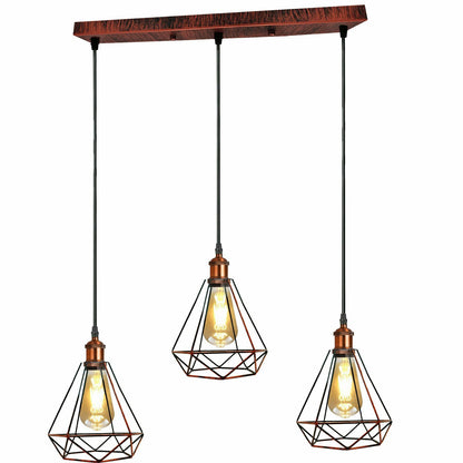 3-Light Wire Cage Pendant Cluster – Round Plate or Bar, E27 - Copper, Diamond Wire Cage Rustic Red, Bar, Without Bulb