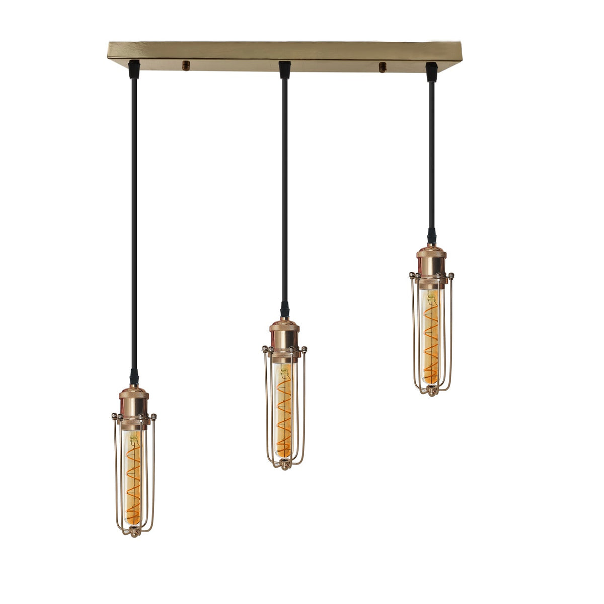 3-Light Wire Cage Pendant Cluster – Round Plate or Bar, E27 - French Gold, Long Cage French Gold, Bar, ST185 LED Bulb 4W