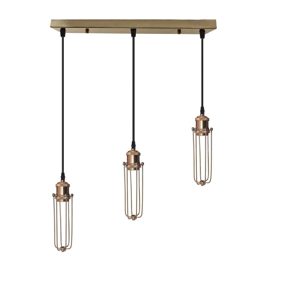 3-Light Wire Cage Pendant Cluster – Round Plate or Bar, E27 - French Gold, Long Cage French Gold, Bar, Without Bulb