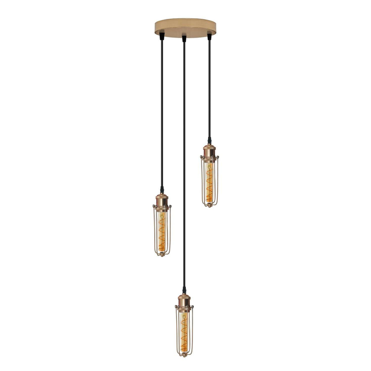 3-Light Wire Cage Pendant Cluster – Round Plate or Bar, E27 - French Gold, Long Cage French Gold, Round Plate, ST185 LED Bulb 4W