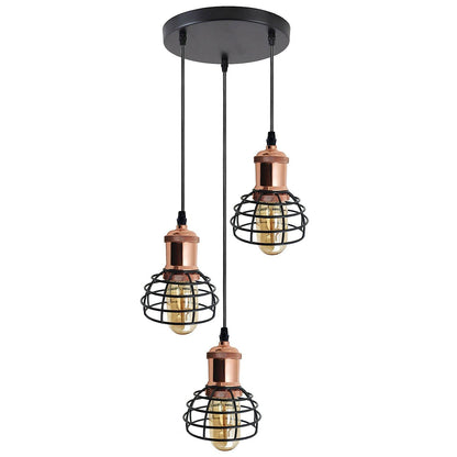 3-Light Wire Cage Pendant Cluster – Round Plate or Bar, E27 - Rose Gold, Round Guard Cage Black, Round Plate, Without Bulb