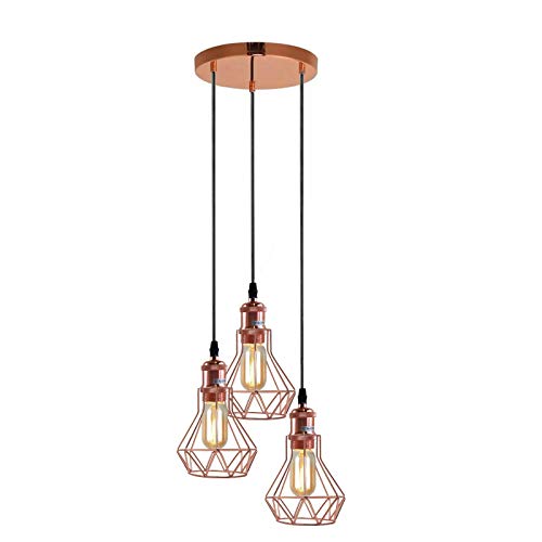 3-Light Wire Cage Pendant Cluster – Round Plate or Bar, E27 - Rose Gold, Gem Cage Rose Gold, Round Plate, Without Bulb