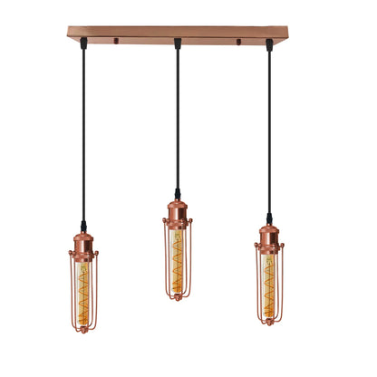 3-Light Wire Cage Pendant Cluster – Round Plate or Bar, E27 - Rose Gold, Long Cage Rose Gold, Bar, T185 LED Bulb 4W