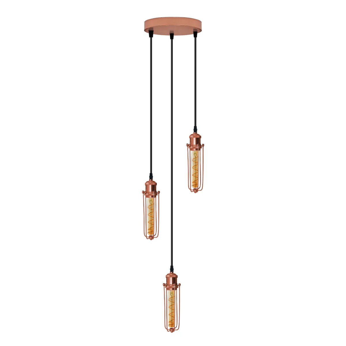 3-Light Wire Cage Pendant Cluster – Round Plate or Bar, E27 - Rose Gold, Long Cage Rose Gold, Round Plate, T185 LED Bulb 4W