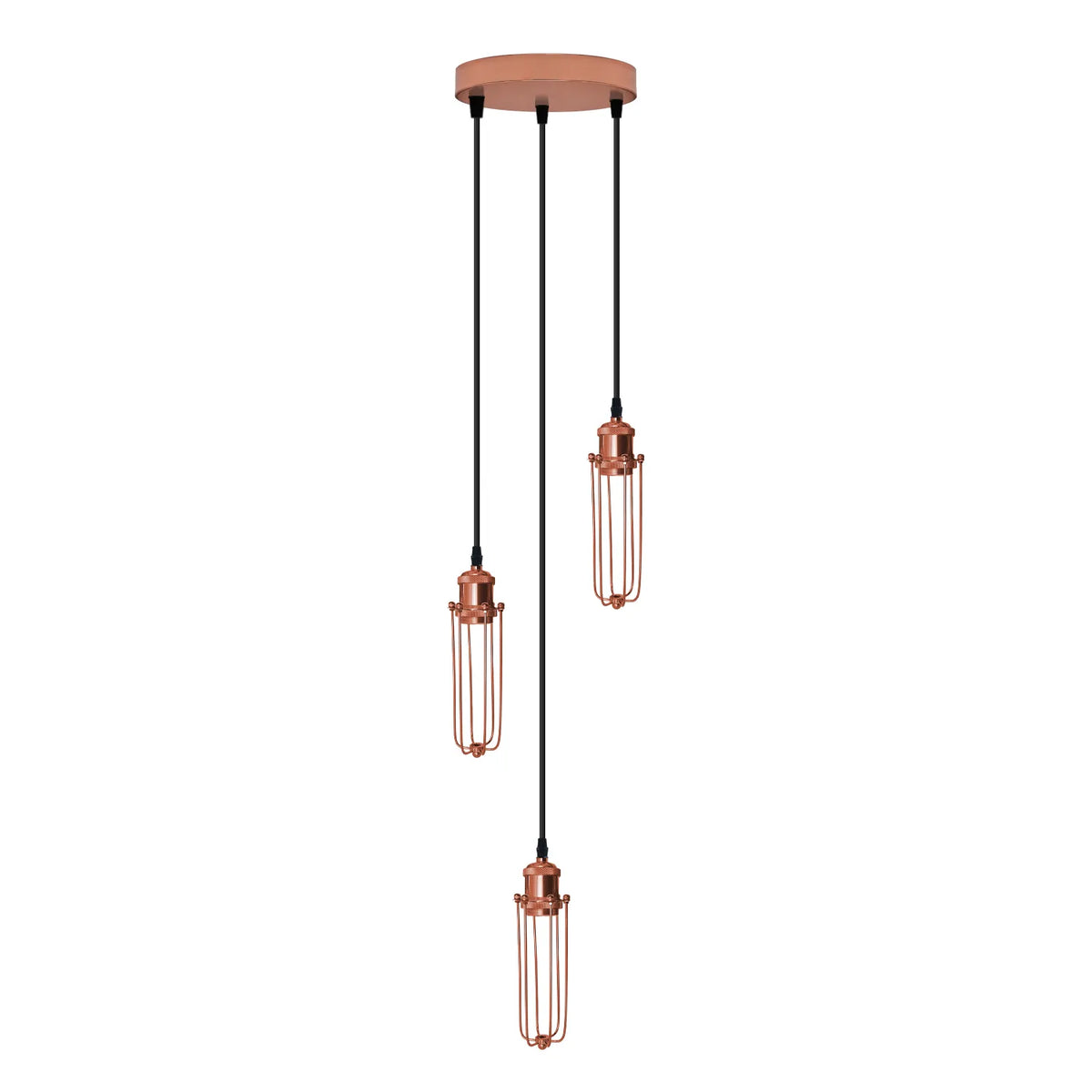 3-Light Wire Cage Pendant Cluster – Round Plate or Bar, E27 - Rose Gold, Long Cage Rose Gold, Round Plate, Without Bulb