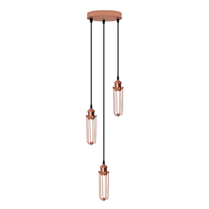 3-Light Wire Cage Pendant Cluster – Round Plate or Bar, E27 - Rose Gold, Long Cage Rose Gold, Round Plate, Without Bulb