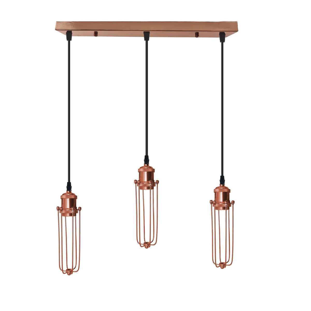 3-Light Wire Cage Pendant Cluster – Round Plate or Bar, E27 - Rose Gold, Long Cage Rose Gold, Bar, Without Bulb