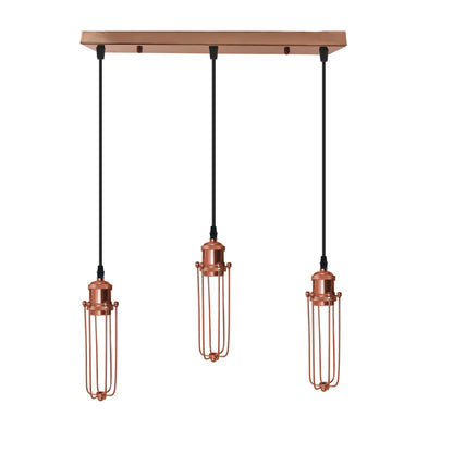 3-Light Wire Cage Pendant Cluster – Round Plate or Bar, E27 - Rose Gold, Long Cage Rose Gold, Bar, Without Bulb
