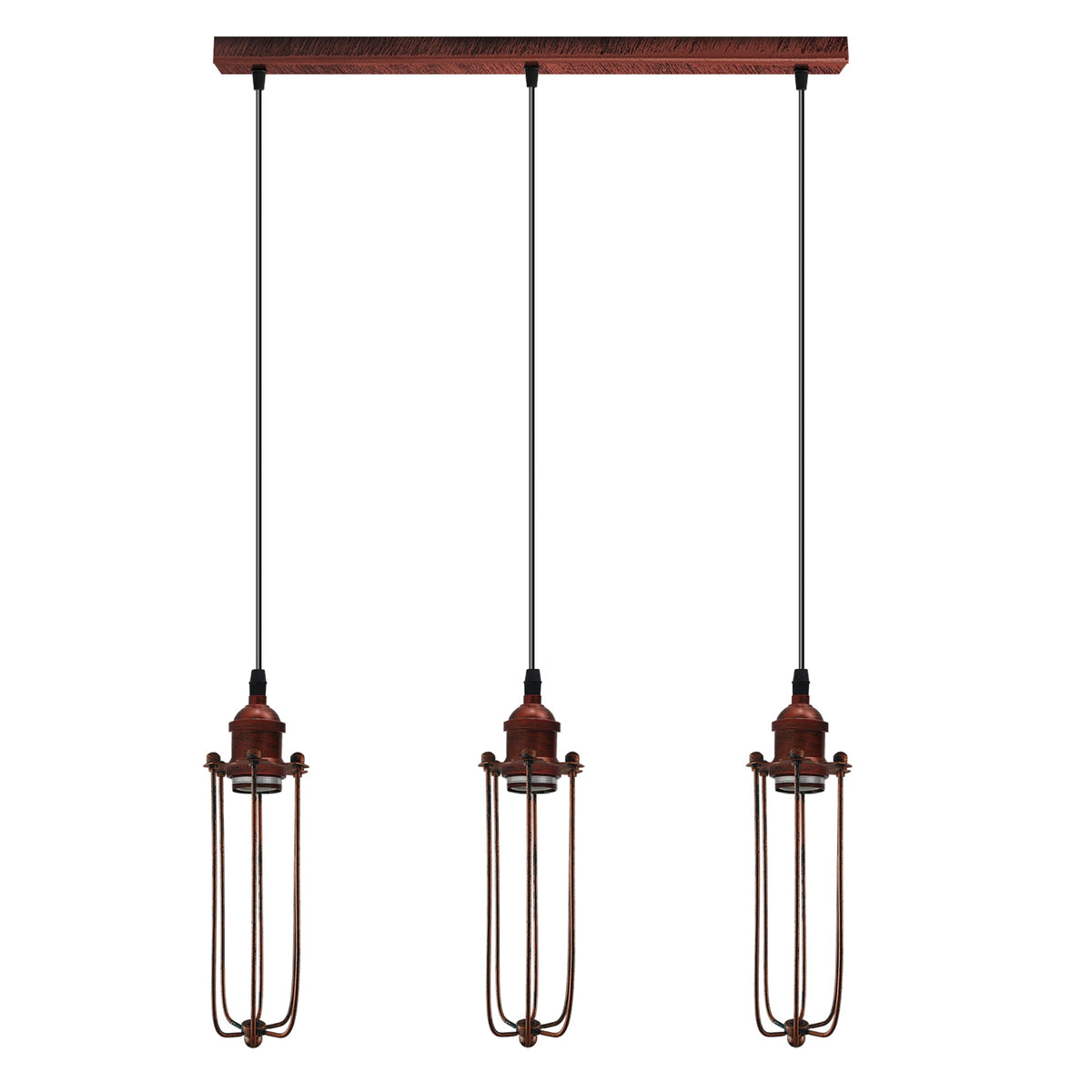 3-Light Wire Cage Pendant Cluster – Round Plate or Bar, E27 - Rustic Red, Long Cage Rustic Red, Bar, Without Bulb
