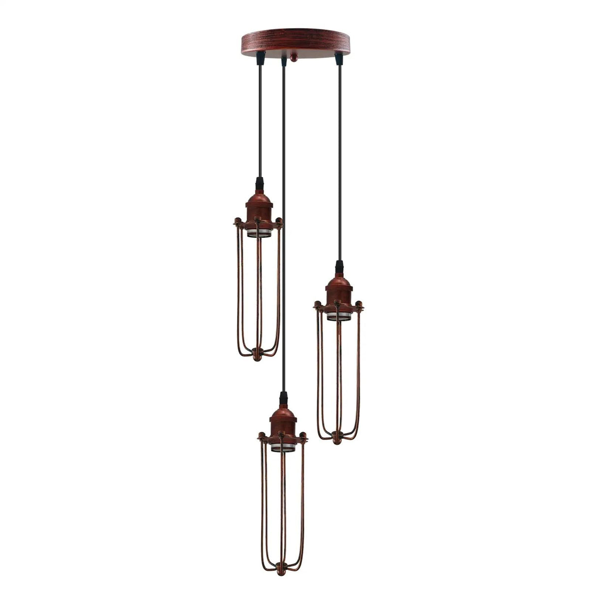 3-Light Wire Cage Pendant Cluster – Round Plate or Bar, E27 - Rustic Red, Long Cage Rustic Red, Round Plate, Without Bulb