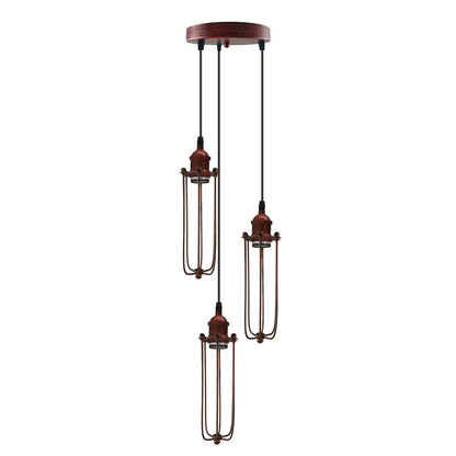 3-Light Wire Cage Pendant Cluster – Round Plate or Bar, E27 - Rustic Red, Long Cage Rustic Red, Round Plate, Without Bulb