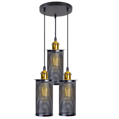 3-Light Wire Cage Pendant Cluster – Round Plate or Bar, E27 - Yellow Brass, Cylinder Cage Black, Round Plate, Without Bulb