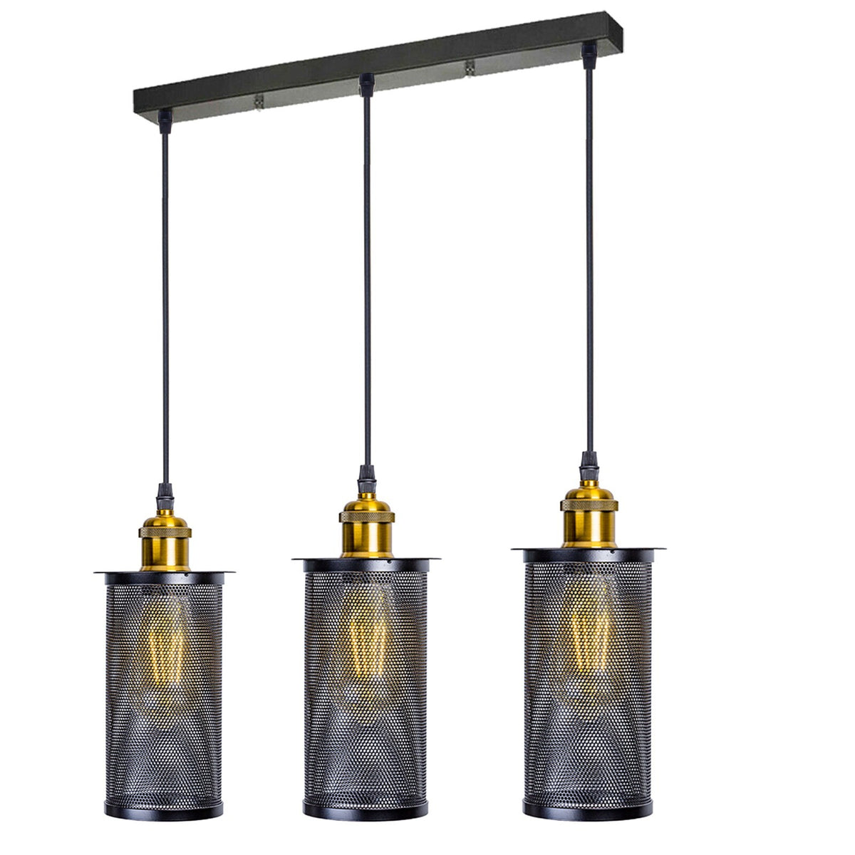 3-Light Wire Cage Pendant Cluster – Round Plate or Bar, E27 - Yellow Brass, Cylinder Cage Black, Bar, Without Bulb