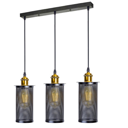 3-Light Wire Cage Pendant Cluster – Round Plate or Bar, E27 - Yellow Brass, Cylinder Cage Black, Bar, Without Bulb