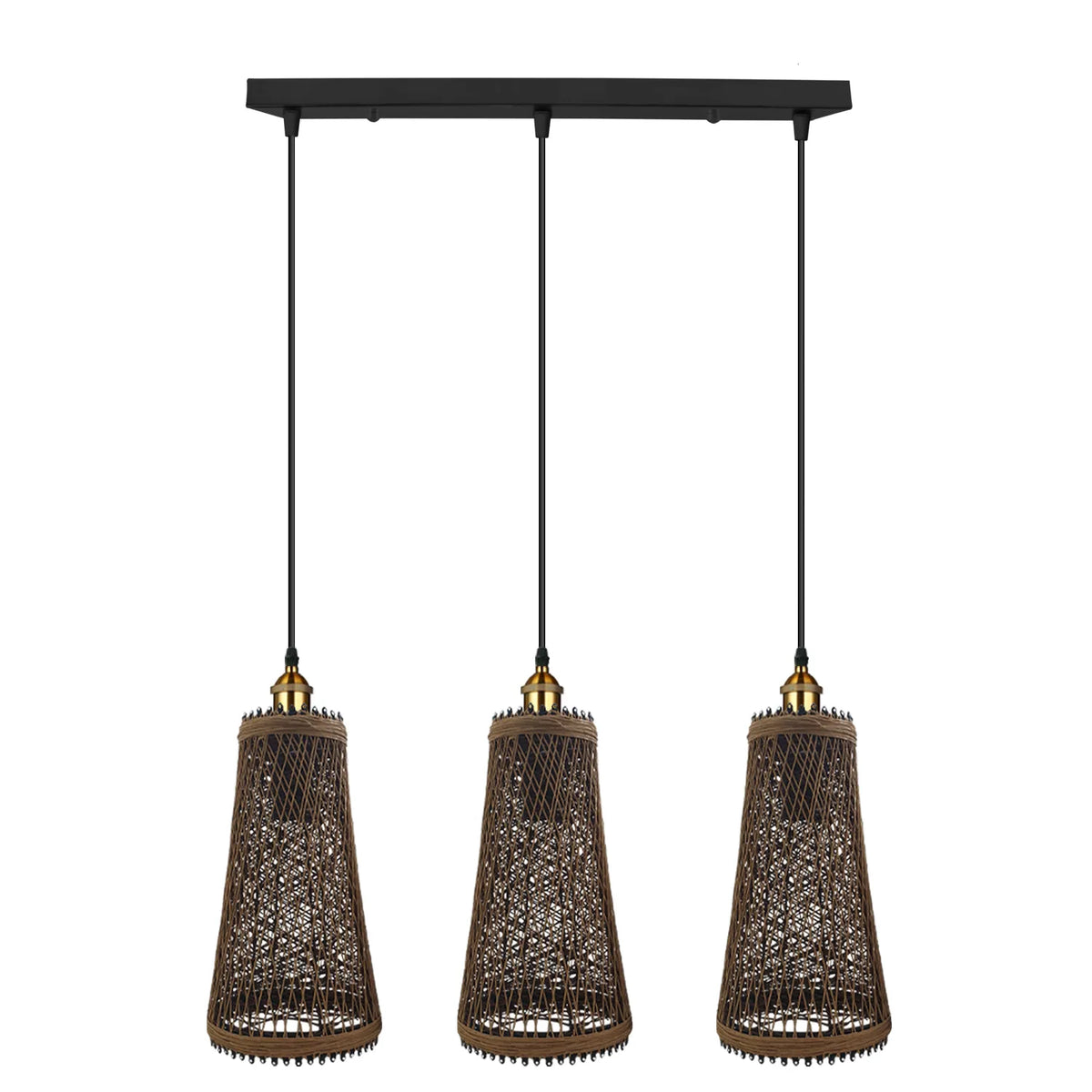 3-Light Wire Cage Pendant Cluster – Round Plate or Bar, E27 - Yellow Brass, Basket Shade Hemp, Bar, Without Bulb