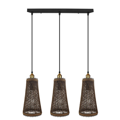 3-Light Wire Cage Pendant Cluster – Round Plate or Bar, E27 - Yellow Brass, Basket Shade Hemp, Bar, Without Bulb
