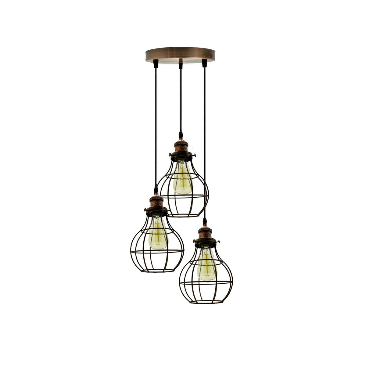 3-Light Wire Cage Pendant Cluster – Round Plate or Bar, E27 - Yellow Brass, Balloon Cage Black, Round Plate, Without Bulb