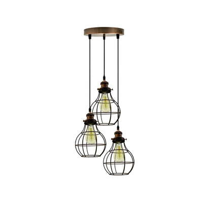 3-Light Wire Cage Pendant Cluster – Round Plate or Bar, E27 - Yellow Brass, Balloon Cage Black, Round Plate, Without Bulb