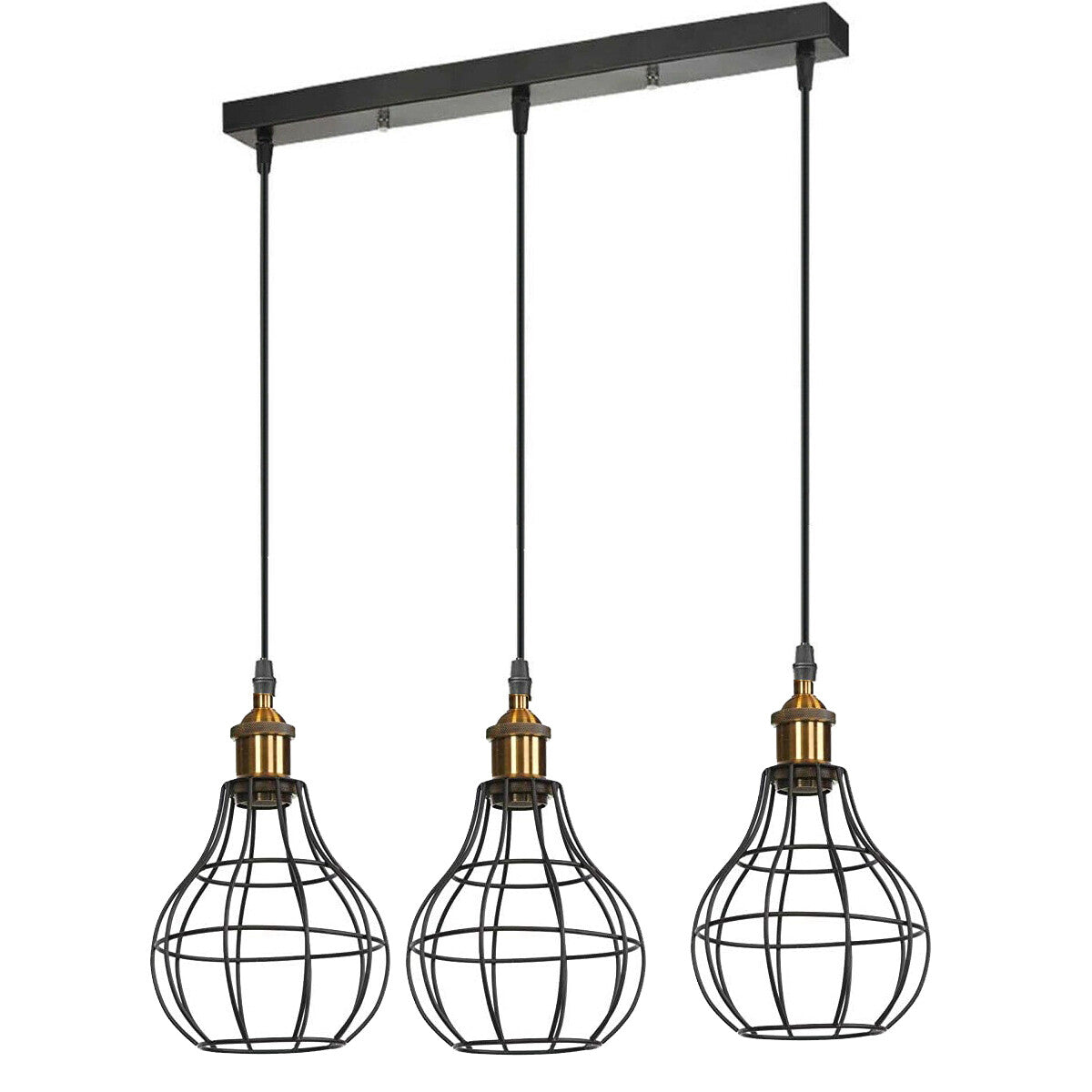 3-Light Wire Cage Pendant Cluster – Round Plate or Bar, E27 - Yellow Brass, Balloon Cage Black, Bar, Without Bulb