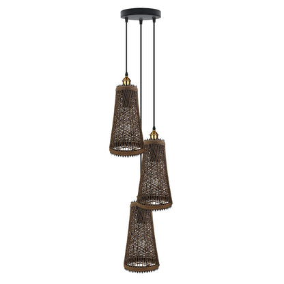 3-Light Wire Cage Pendant Cluster – Round Plate or Bar, E27 - Yellow Brass, Basket Shade Hemp, Round Plate, Without Bulb