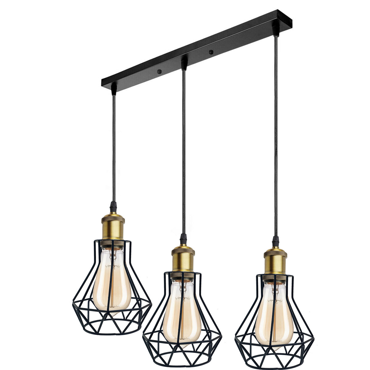 3-Light Wire Cage Pendant Cluster – Round Plate or Bar, E27 - Yellow Brass, Gem Cage Black, Bar, Without Bulb
