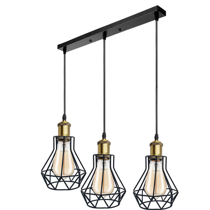 3-Light Wire Cage Pendant Cluster – Round Plate or Bar, E27 - Yellow Brass, Gem Cage Black, Bar, Without Bulb