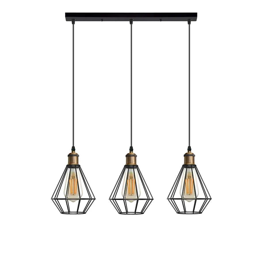 3-Light Wire Cage Pendant Cluster – Round Plate or Bar, E27 - Yellow Brass, Geometric Cage Black, Bar, Without Bulb