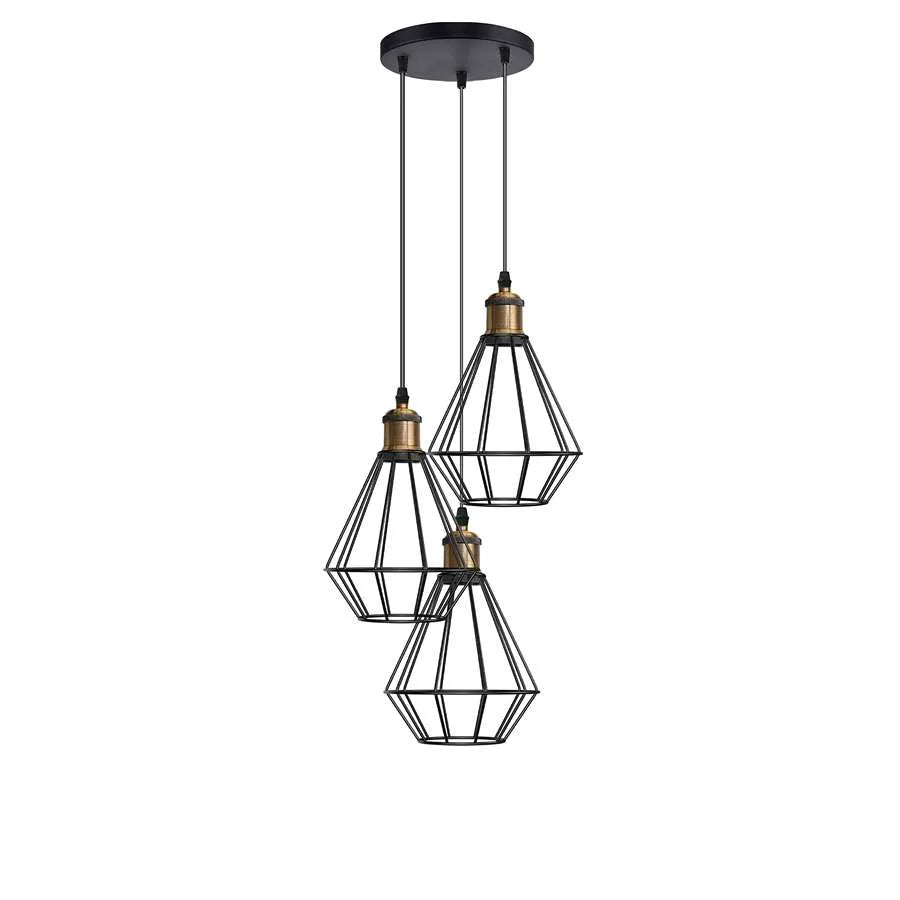 3-Light Wire Cage Pendant Cluster – Round Plate or Bar, E27 - Yellow Brass, Geometric Cage Black, Round Plate, Without Bulb