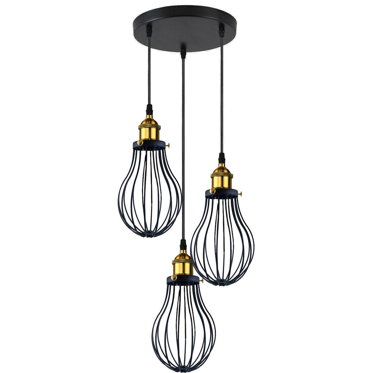 3-Light Wire Cage Pendant Cluster – Round Plate or Bar, E27 - Yellow Brass, Pear Cage Black, Round Plate, Without Bulb