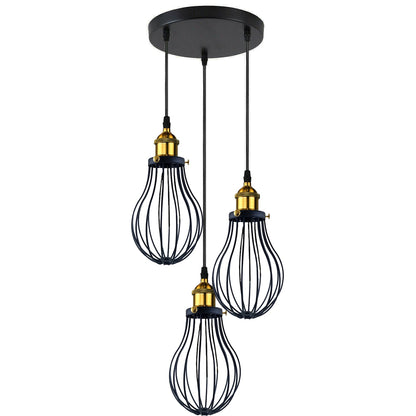3-Light Wire Cage Pendant Cluster – Round Plate or Bar, E27 - Yellow Brass, Pear Cage Black, Round Plate, Without Bulb