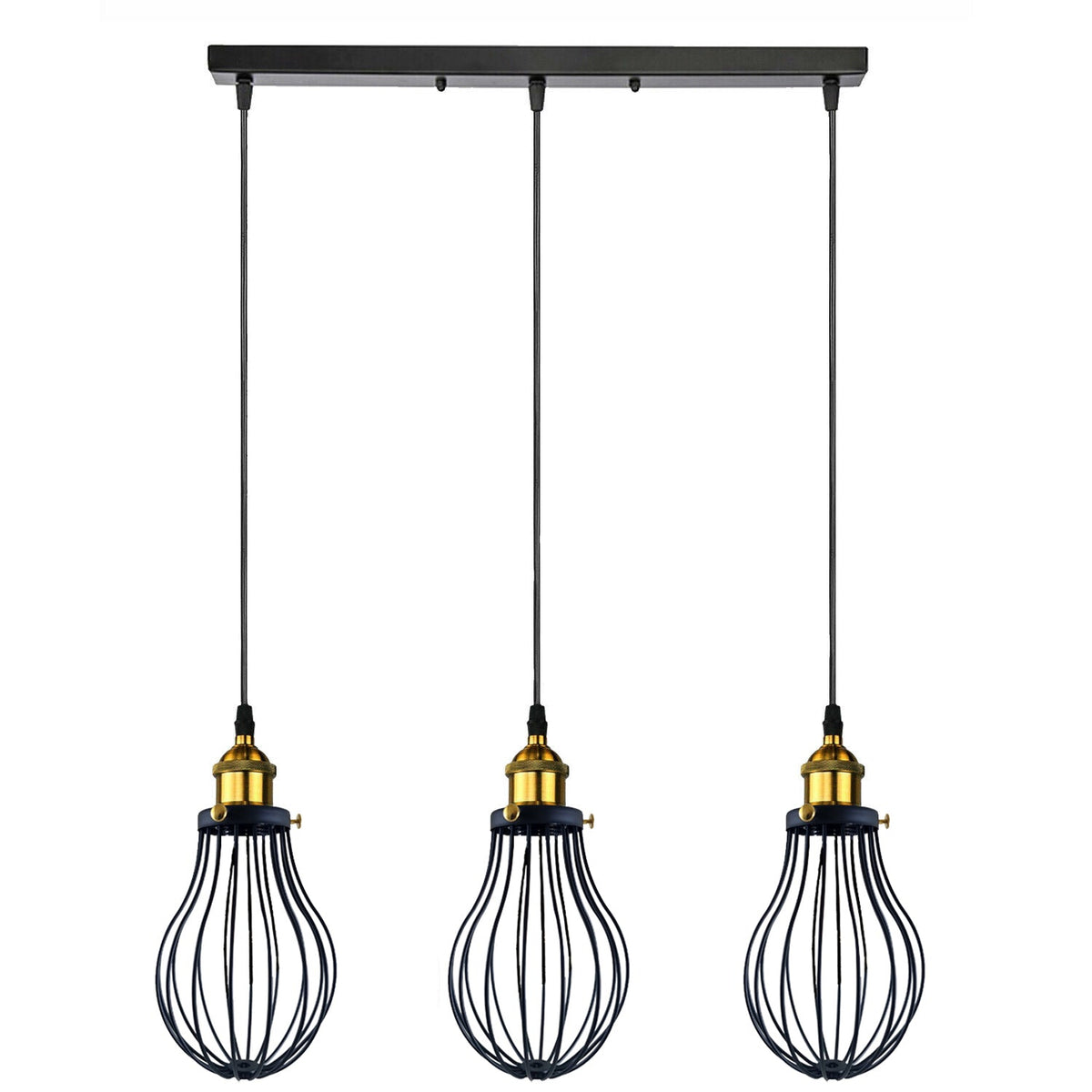 3-Light Wire Cage Pendant Cluster – Round Plate or Bar, E27 - Yellow Brass, Pear Cage Black, Bar, Without Bulb