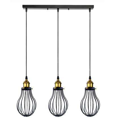 3-Light Wire Cage Pendant Cluster – Round Plate or Bar, E27 - Yellow Brass, Pear Cage Black, Bar, Without Bulb