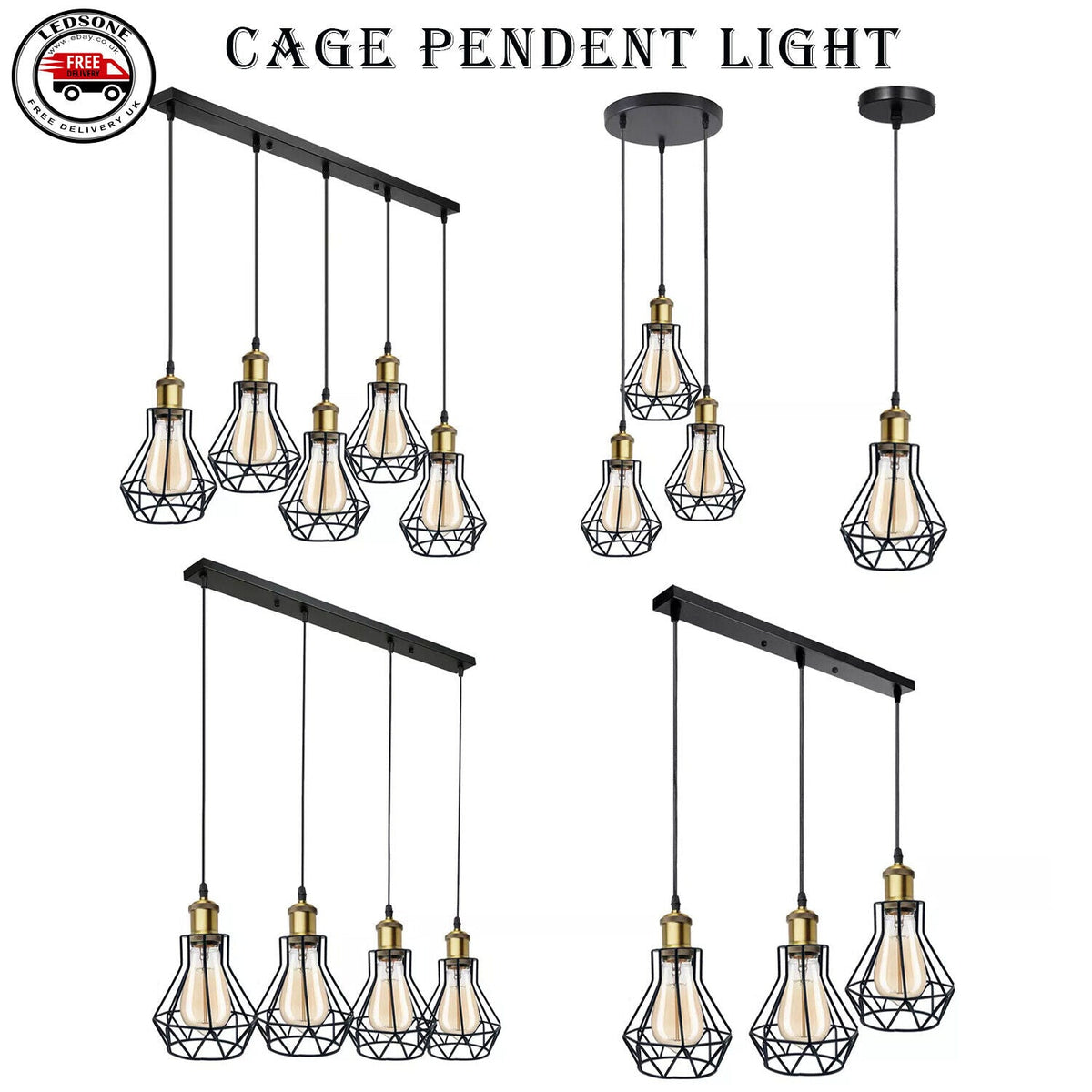 3-Light Wire Cage Pendant Cluster – Round Plate or Bar, E27 - Yellow Brass, Gem Cage Black, Round Plate, Without Bulb
