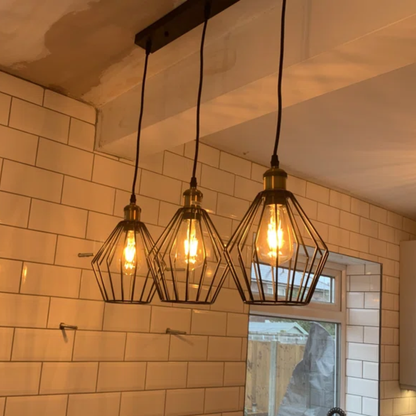 3-Light Wire Cage Pendant Cluster – Round Plate or Bar, E27 - Yellow Brass, Diamond Cage Black, Bar, Without Bulb