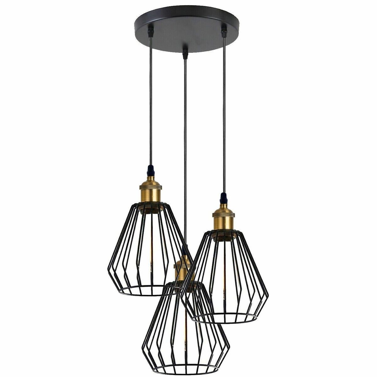 3-Light Wire Cage Pendant Cluster – Round Plate or Bar, E27 - Yellow Brass, Diamond Cage Black, Round Plate, Without Bulb